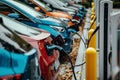 Row of electric cars at public charging station with plugged power cables Royalty Free Stock Photo