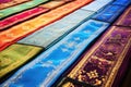 a row of embroidered prayer mats laid out