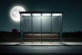 a row of empty bus stops with the moon above, surrounded by silence and darkness