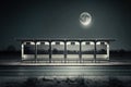 a row of empty bus stops with the moon above, surrounded by silence and darkness