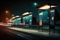a row of empty bus stops, with their stop lights shining bright in the night