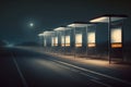 a row of empty bus stops, with their stop lights shining bright in the night
