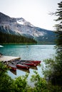 Row of empty canoes lined up on the edge of Emerald Lake in the middle of summer Royalty Free Stock Photo