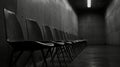 Row of empty chairs in a dimly lit concrete hallway. Royalty Free Stock Photo