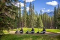 Row of empty electric carts on the side of the golf course, in Banff, Alberta Canada Royalty Free Stock Photo