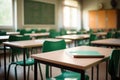 Row of empty school desks in high school classroom Royalty Free Stock Photo