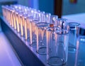 Row of Empty Test Tubes in Laboratory Setting with Blue and Purple Lighting Royalty Free Stock Photo