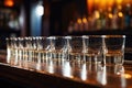 a row of empty water glasses on a bar counter Royalty Free Stock Photo