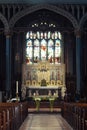 Row of empty wooden seats in the house of god, Church indoors