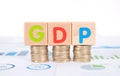 A row of Euro coins and English words GDP model on a financial chart Royalty Free Stock Photo