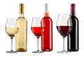 Row of exquisite red white and rose wine bottle glass set collection isolated on white background Royalty Free Stock Photo