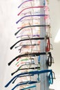 Row of eyeglass at an opticians store