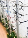 Row of eyeglass at an opticians store