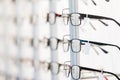 Row of eyeglass at an opticians store