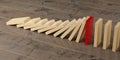 Row of falling wooden domino stones stopped by red domino stone on wood floor background, risk management, intervene or prevention