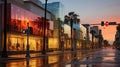 A row of fashion stores in California, The building is orange white and black, the hue is sunset dusk, Cyberpunk