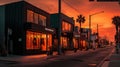 A row of fashion stores in a Californian city late in the evening.