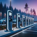 A Row of Fast Electric Car Chargers are Lined up in a Parking Lot