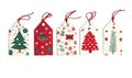 A row of five Christmas tree tags with different designs Royalty Free Stock Photo
