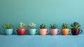 A row of five coffee cups with succulents in them, AI Royalty Free Stock Photo