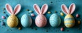 A row of five Easter eggs with bunny ears and gold and silver beads Royalty Free Stock Photo