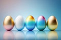 Row of five Easter Eggs on a gradient blue background with a reflection on the floor.