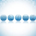 Five illuminated blue spheres showcasing intricate digital network connections and global communication symbols in a clean bright Royalty Free Stock Photo