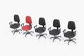 Row of five office chair, one red and four black chairs, career concept Royalty Free Stock Photo