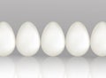 A row of five white chicken eggs on light gray background with reflaction. Natural ecological protein product. Healthy food. Dieta