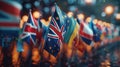 A row of flags from various countries with a blurry background of city lights Royalty Free Stock Photo
