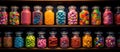 A row of food storage containers filled with natural candies on a magenta shelf