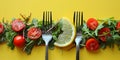 Various Forks Holding Different Foods in a Row healthy food concept flat-lay. Generative AI Royalty Free Stock Photo