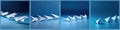 Row of four blue panels, each with an individual white paper airplane on it. The airplanes are positioned in center of