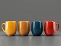 A Row of Four Different Colored Coffee Mugs