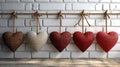 A row of four heart shaped items hanging from a rope, AI Royalty Free Stock Photo