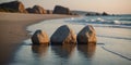 A row of four large rocks are sitting on a sandy beach. Royalty Free Stock Photo