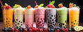 row of fresh bubble tea and smoothies refreshing drinks