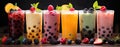 row of fresh bubble tea and smoothies refreshing drinks