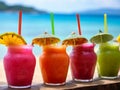 Row of fresh fruit juice cocktail beverage on beach with seascape background.Generative AI Royalty Free Stock Photo