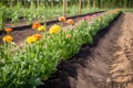 row of freshly planted flowers, ready to blossom and bloom