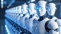 Row of futuristic robots with glowing blue eyes, artificial intelligence concept Royalty Free Stock Photo