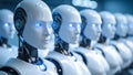 Row of futuristic robots with glowing eyes, artificial intelligence concept. Royalty Free Stock Photo