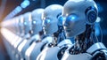 Row of futuristic robots with glowing eyes, artificial intelligence concept. Royalty Free Stock Photo