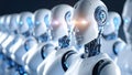 Row of futuristic robots with glowing eyes, artificial intelligence concept Royalty Free Stock Photo