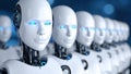 Row of futuristic robots with glowing eyes, artificial intelligence concept. Royalty Free Stock Photo