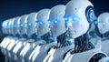 Row of futuristic robots with glowing eyes, representing artificial intelligence and technology. Royalty Free Stock Photo