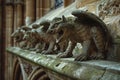 A Row of Gargoyles on a Stone Wall, Ancient stone gargoyles perched on Gothic architecture, AI Generated