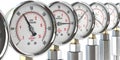 Row of gas pression gauge meters on gas pipeline. Gas extraction, production, delivery and supply concept