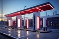 A row of gas pumps lined up side by side, standing ready to dispense fuel to vehicles, Charging stations replacing traditional Royalty Free Stock Photo
