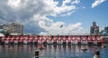 Row of gigantic inflatable Father Chritsmas`s floating in Darling Harbour, Sydney, NSW, Australia